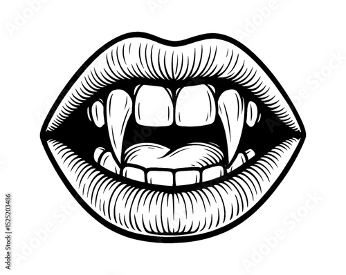 Vampire Mouth with Sharp Fangs Illustration in Black and White Outline Vector