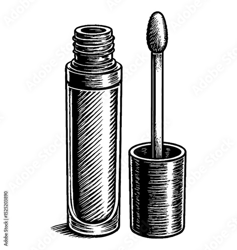 Lip Gloss Tube and Applicator in Detailed Black and White Engraving Style Illustration