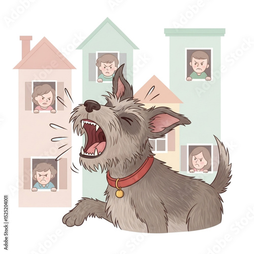 Dog barking at buildings – represents noise complaints or disturbance.
