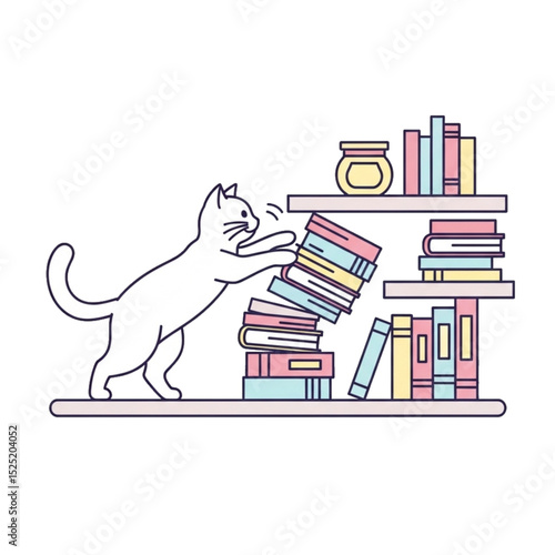 Cat pulling books – shows mischief or curiosity.