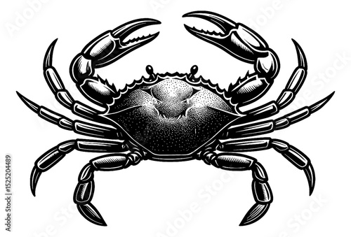 Detailed Black and White Engraving of a Crab with Claws Raised
