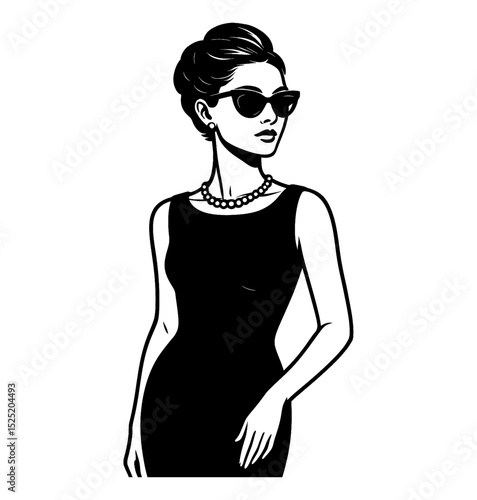 Elegant Woman in Black Dress and Sunglasses Illustration with Retro Style