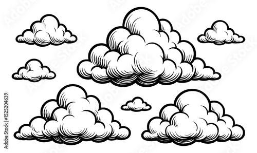 Vector illustration of clouds in different sizes and shapes, black and white drawing