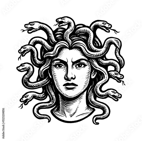 Medusa Portrait with Snakes in Hair Detailed Line Art Black and White Illustration