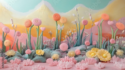 Whimsical Pastel Landscape with Miniature Flower Sculptures, Generative ai