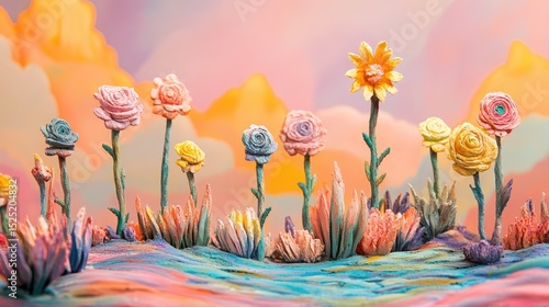 Whimsical Pastel Landscape with Miniature Flower Sculptures, Generative ai