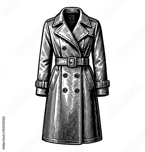 Elegant Trench Coat Illustration in Detailed Engraved Style for Fashion and Apparel Design