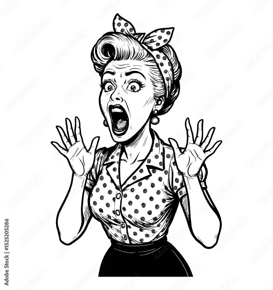 Obraz premium Frightened Caucasian woman in polka dot shirt screaming with hands up in pinup style black and white illustration
