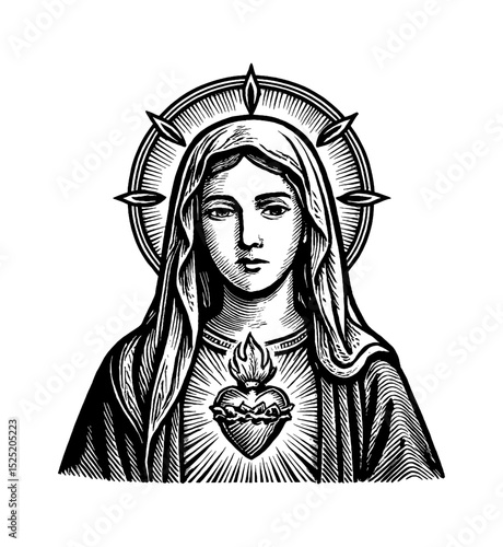 Engraved Illustration of Virgin Mary with Sacred Heart in Black and White
