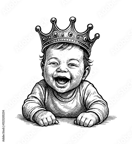 Illustration of a Baby with Crown Laughing Happily in Detailed Black and White Line Art