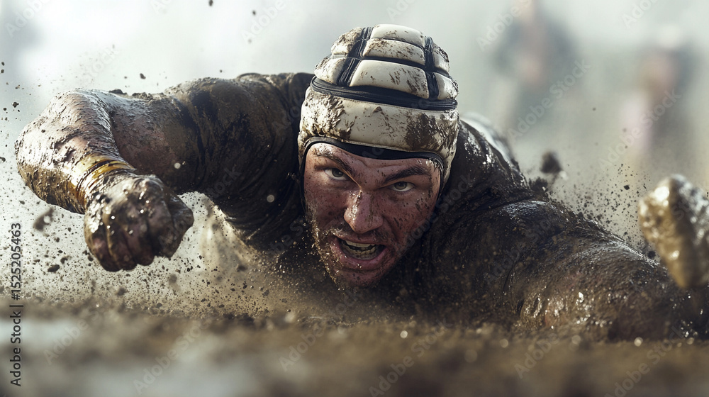 Naklejka premium Hyper-realistic 3D render of a rugby player diving across the try line, mud and sweat flying