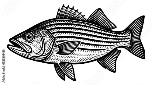 Detailed Engraving Illustration of Striped Bass Fish Isolated on White Background