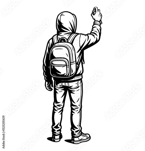Man in hoodie spraying graffiti viewed from back in detailed black and white line art drawing