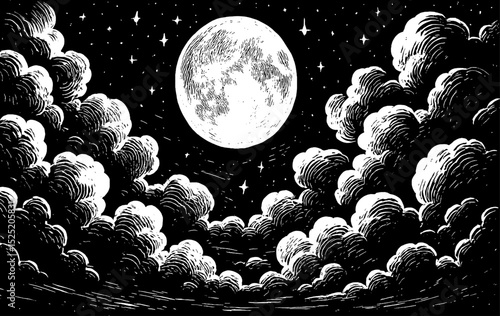 Full Moon Shining in the Starry Night Sky with Fluffy Clouds in Detailed Engraving Art