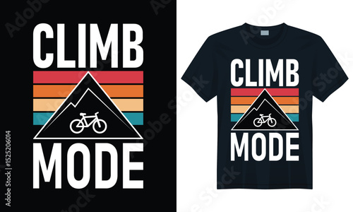 Minimalist climb mode bicycle t-shirt design with mountain peak and retro colorful striped background