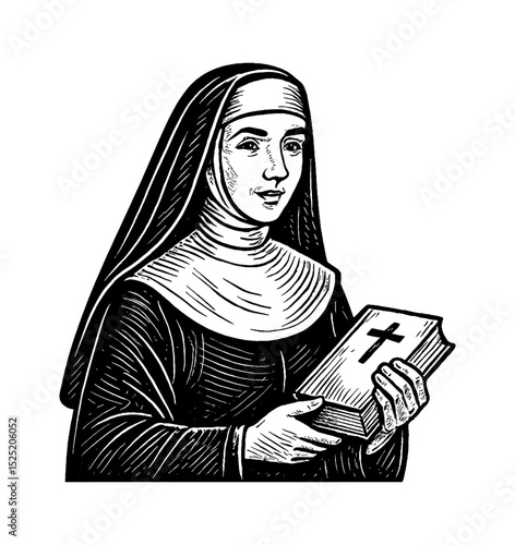 Nun Holding Bible with Cross in Black and White Woodcut Style Illustration