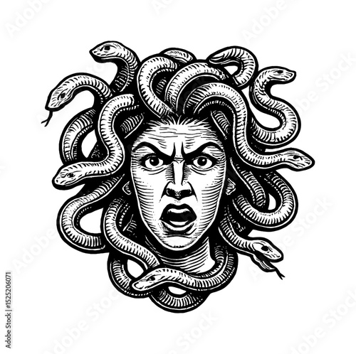 Medusa head engraving with snakes and screaming expression in black and white style
