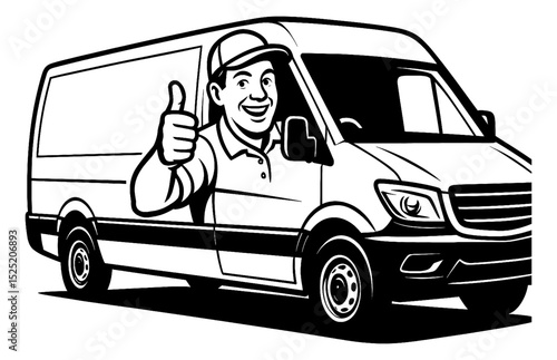 Happy Delivery Driver Giving Thumbs Up from Van Window in Black and White Outline Illustration