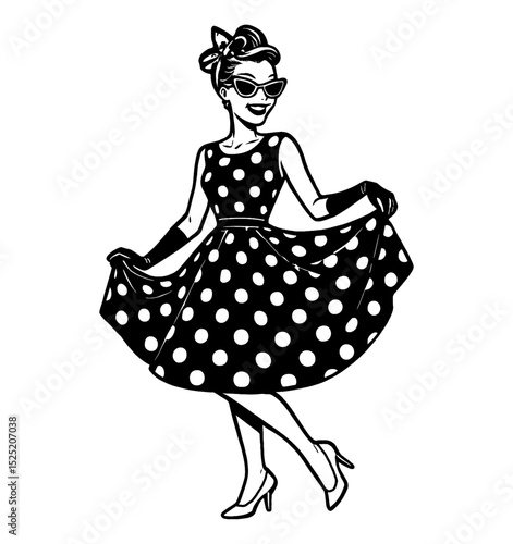 Pinup Woman in Polka Dot Dress and Sunglasses Smiling in Black and White Illustration