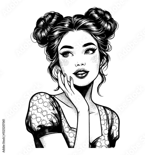 Illustration of a young woman in pinup style with her hair in a double bun