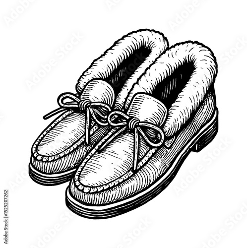 Detailed Engraving of Two Winter Loafers with Fur Lining and Bow Laces