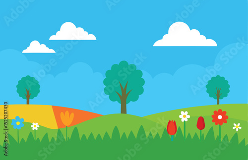 Green summer landscape with trees, rolling hills, and a cloudy sky