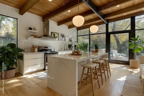 Mid century kitchen design featuring sleek cabinets, wooden beams, center island. Concept of mid century kitchen design emphasizes modern decor, ideas for timeless style.