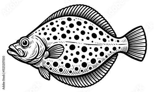Detailed Black and White Vector Illustration of a Spotted Flounder Fish, Side View