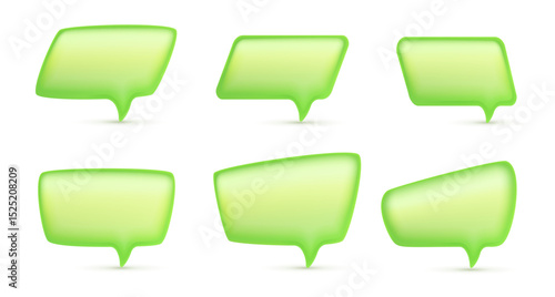 Vector illustration of set of realistic different size communication icon on white background. 3d cartoon style design of text speech bubble. Social media symbol of shape green color speech bubble