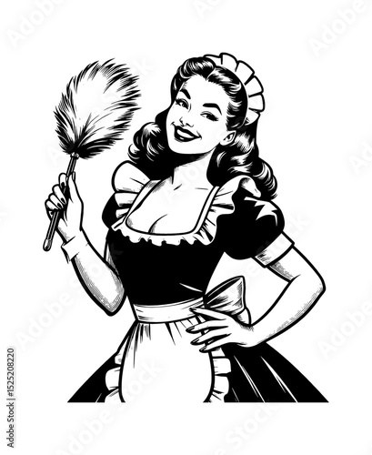 Smiling Caucasian woman in maid outfit holding feather duster, pinup style illustration