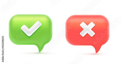Vector illustration of realistic red and green color text speech bubble with check mark and cross. 3d cartoon style design of agree and refuse speech bubble. Social media symbol of communication icon
