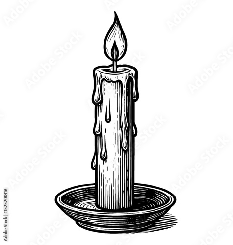 Monochrome Illustration of a Burning Candle with Dripping Wax on a Holder