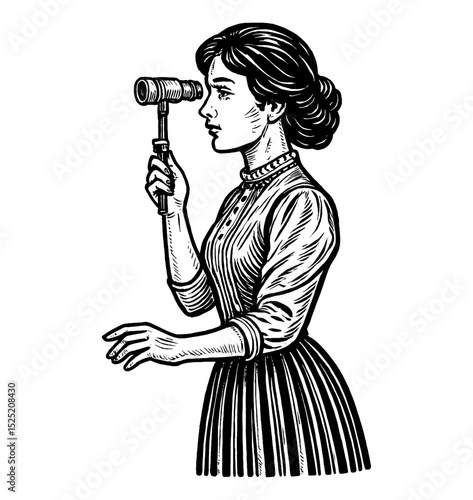 Woman Looking Through Spyglass in Vintage Engraving Style Side View