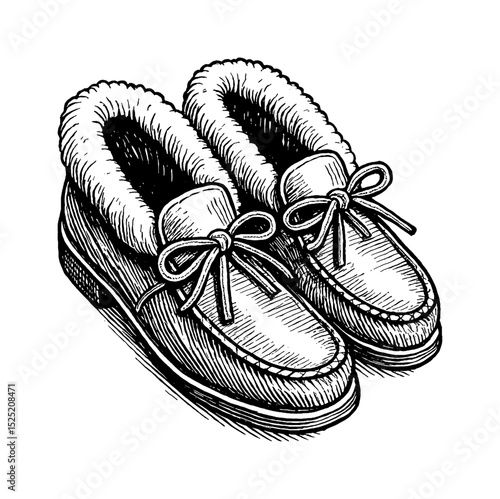 Illustration of a pair of shoes with fur lining and tie closure in vintage engraved style