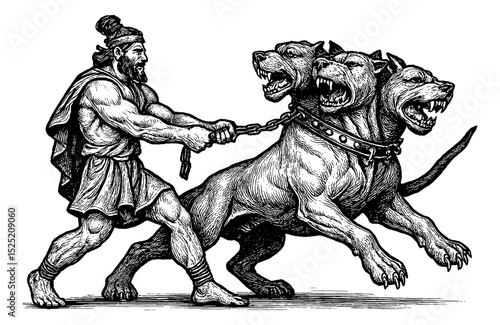 Greek Man Holding a Three Headed Dog with Chain Viewed from Side in Detailed Black and White Engraving