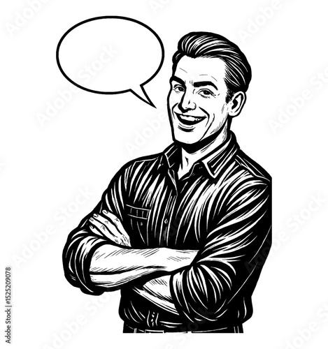 Smiling Caucasian Man with Folded Arms and Speech Bubble Illustration in Black and White Style