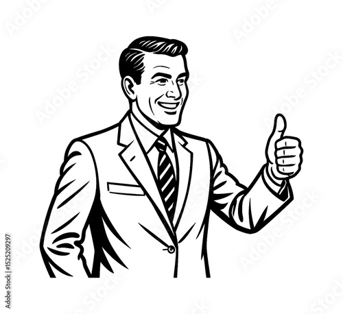 Smiling Businessman in Suit Giving Thumbs Up in Black and White Vector Illustration