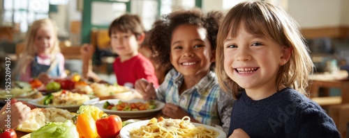 Children eating lunch in school cafeteria together