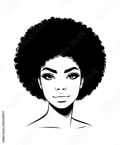 African American Woman Portrait with Afro Hairstyle in Black and White Line Art
