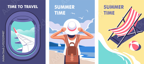 Concept of summer party, vacation and travel. Perfect backgrounds on the theme of season vacation, weekend on beach. Vector illustrations in minimalistic style for posters, cover art, flyer