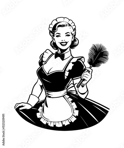 Smiling Caucasian Woman in Maid Outfit Holding Feather Duster Black and White Vector