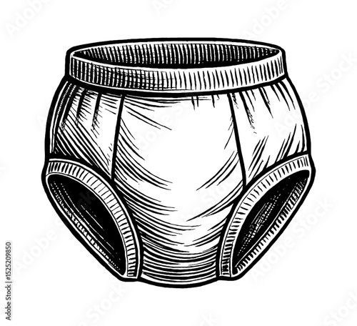 Black and white woodcut style illustration of underwear briefs for baby or adult