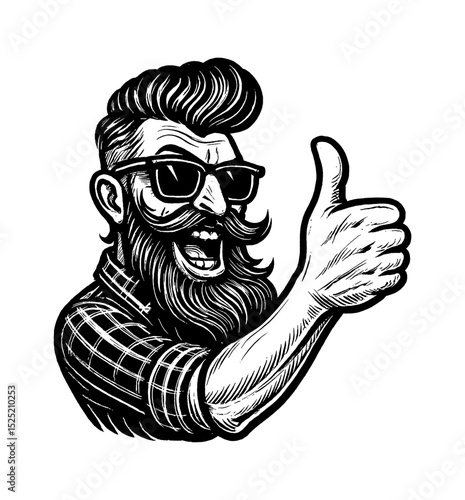Bearded Man with Sunglasses Giving Thumbs Up in Black and White Graphic Art