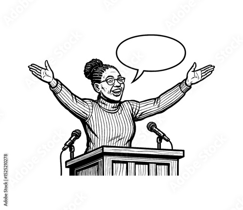 African American Woman Giving a Speech at Podium with Microphones in Black and White Drawing