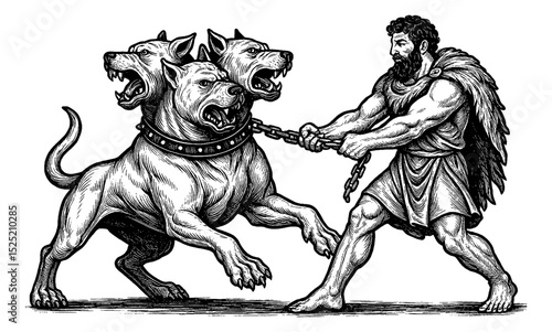 Engraving of Hercules Leading Cerberus with Chain, Black and White Illustration