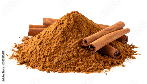 Ground cinnamon powder with cinnamon sticks displayed. Isolated transparent background