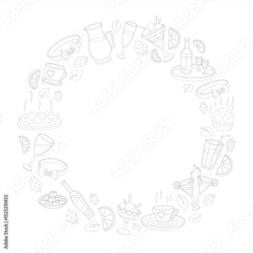Coloring book wreath with food and drinks
