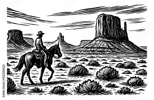 Cowboy Riding Horse in Desert with Monument Valley Scenery in Black and White Engraving