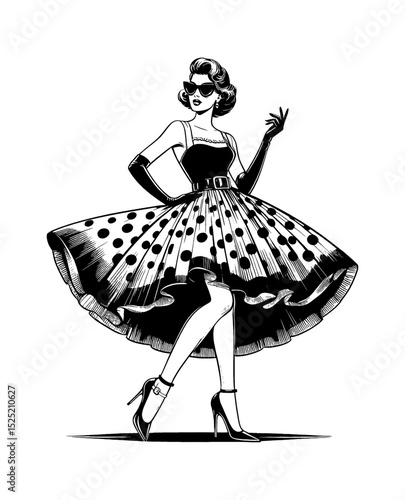 Elegant Woman in Polka Dot Dress and Sunglasses Pointing Up in Black and White Illustration