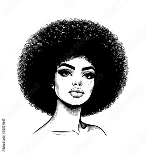 Portrait of a Stylish African American Woman with Afro Hairstyle in Black and White Illustration